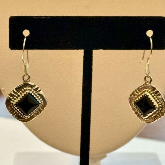 Southwestern Square Framed Genuine Black Onyx Sterling Silver Dangle Earrings - Picture 1 of 4